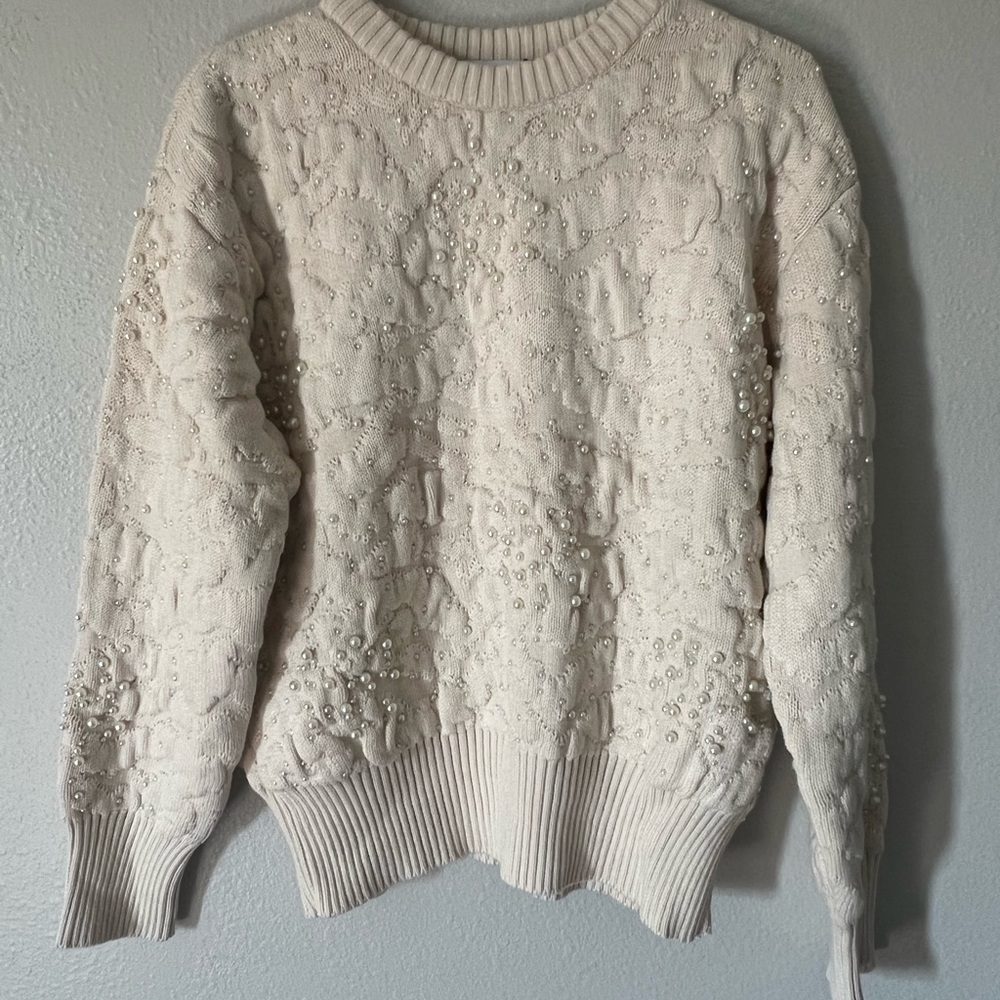Zara Cream/White Sweater with Faux Pearls.